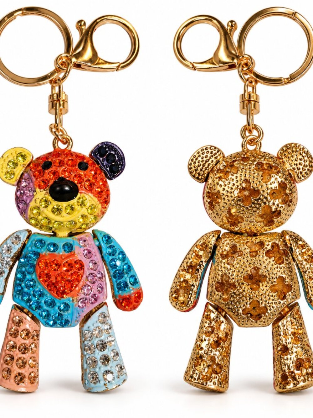 Sparkly Teddy Bear Keychain Colorful Rhinestone Mosaic Gold Tone Clip New